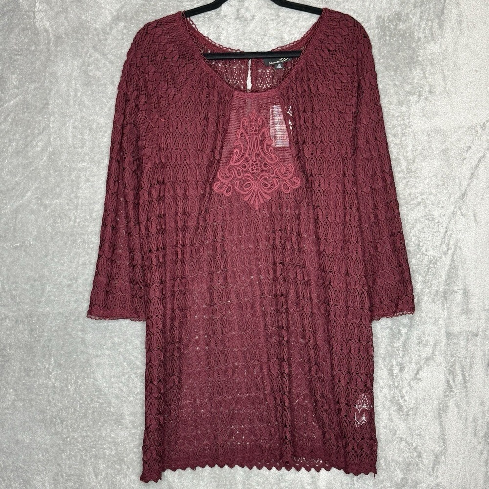 Susan Betro 1X Shirt Top Maroon Red Paisley‎ 3/4 Sleeve Scoop Neck Lace Sheer